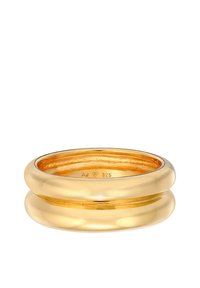 Anello a doppia fascia in tonalità oro, con un design liscio e arrotondato, superficie lucidissima e incisioni all'interno. Realizzato in argento sterling 925.