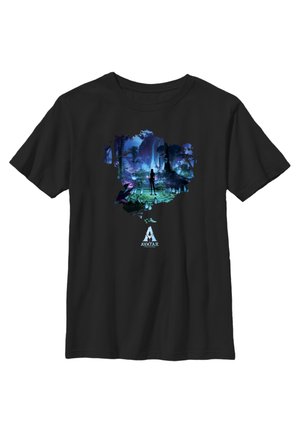Zwarte katoenen t-shirt met een kleurrafische afbeelding van een Avatar-scène met silhouetten, planten en de tekst "Avatar" in het blauw onderaan.