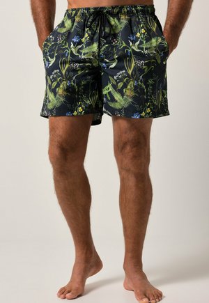 Schwarze Badeshorts mit einem lebhaften grünen und blauen Blumenmuster, elastischem Bund mit Kordelzug und seitlichen Taschen.