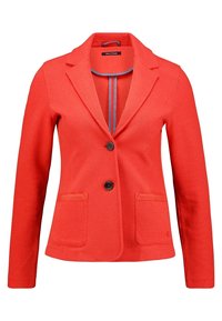 Czerwony żakiet o teksturowanej tkaninie, zapinany na jeden guzik, z dwoma przednimi kieszeniami i klapami. Wnętrze wykończone kontrastowym niebieskim pasem.