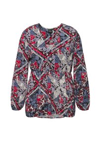 Langärmlige Bluse mit einem mehrfarbigen Paisleymuster in Rot, Blau und Creme. Verfügt über einen elastischen Bund und einen runden Halsausschnitt. Leichter Stoff.