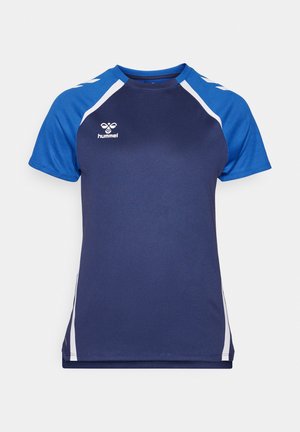 Donkerblauw sportshirt met blauwe raglanmouwen, witte zijstrepen en een wit hummel-logo op de borst.
