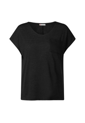 Svart t-shirt med kort ärm, rund halsringning och en ficka på vänster sida. Tillverkad av ett mjukt, lätt material med en avslappnad passform.