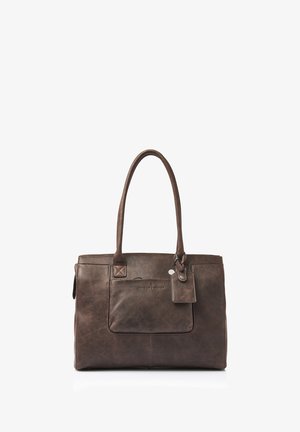 Braune Leder-Shopper-Tasche mit strukturiertem Finish. Verfügt über eine Fronttasche und ein Etikett, doppelte Griffe und ein geräumiges Hauptfach.