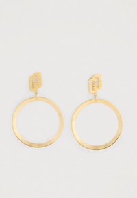 Et par guldfarvede hoop øreringe med geometriske stifter og minimalistisk åben cirkulær design på en hvid baggrund.