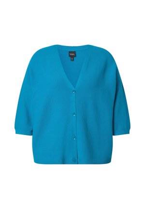 Sininen V-kaula-aukollinen napillinen neuletakki, jossa on kolme neljänneksen hihaa ja rento istuvuus.