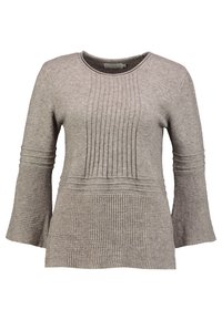 Ljusgrå tröja med rund halsringning, trumpetärmar och texturerade mönster, med vertikala ränder och ett rutmönster på ärmarna.