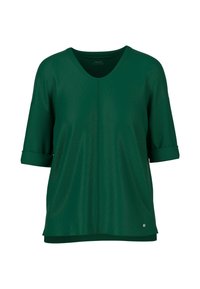 Grünes Kurzarm-V-Ausschnitt-Oberteil mit umgeschlagenen Ärmeln, strukturiertem Stoff, dezentem Glanz und Mittelnahtdetails. Mit kleinem Logo am Saum.
