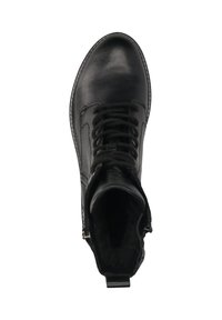 Schwarze Leder-Stiefeletten mit runder Spitze, Schnürdesign, strukturiertem Obermaterial und Innenfutter. Verfügt über eine Zuglasche und einen Reißverschluss an der Seite.