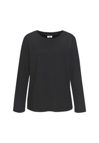 Langärmliges schwarzes Baumwoll-T-Shirt mit einem strukturierten rechteckigen Logo "CPNHGN" auf der Vorderseite. Einfacher Rundhalsausschnitt und normale Passform.