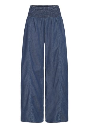 Modré džínové kalhoty se širokými nohavicemi, s elastickým, nařaseným pasem, bez viditelných kapes nebo zapínání.