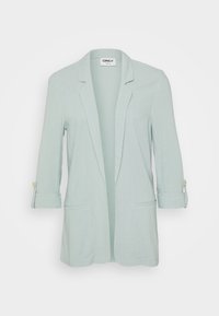 Hellgrüner Blazer mit einem Ein-Knopf-Verschluss, langen Ärmeln, die mit Knopfbindern hochgerollt sind, und zwei Fronttaschen. Glattes, gewebtes Material.