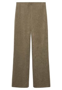 Pantalons larges vert olive en tissu doux et texturé ; dotés d'une taille haute et d'une coupe droite épurée sans fermetures visibles.