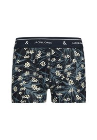 Boxers pour hommes en bleu marine avec un motif floral. Dotés d'une ceinture contrastante avec le logo "JACK & JONES". Fabriqués en tissu doux et extensible.
