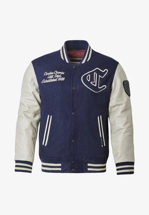 Navy and cream varsity jacket with wool body, leather sleeves, striped ribbed collar, and embroidered logo and text on the chest.