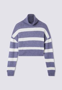 Fioletowy i biały pasiasty krótki sweter z prążkowanym golfem i długimi rękawami. Wykonany z miękkiego, teksturowanego dzianinowego materiału.