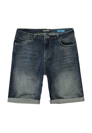 Donkerblauwe denim shorts met een vervaagde was en opgerolde zoom. Voorzien van zijzakken en een metalen knoopsluiting. Merklabel zichtbaar.