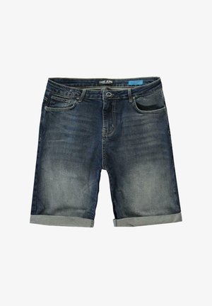 Donkerblauwe denim shorts met een vervaagde was en opgerolde zoom. Voorzien van zijzakken en een metalen knoopsluiting. Merklabel zichtbaar.