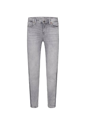 Grey, slim-fit jeans made of denim with a faded finish. Features five pockets, belt loops, and a buttoned waistband.