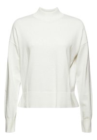 Pull court blanc à col haut, manches longues et poignets côtelés. Texture douce et design minimaliste, idéal pour superposer.