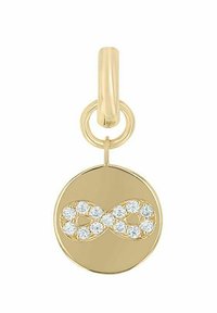 Pendente in oro con simbolo dell'infinito decorato con cristalli trasparenti, attaccato a una base rotonda con finitura lucida.