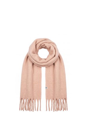 Soft light pink scarf with loose fringe ends, folded in a loop with a small white tag attached near the bottom center.