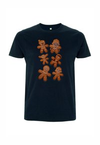 T-shirt en coton marine présentant six bonshommes en pain d'épice avec des détails complexes, y compris des accents de glaçage et des designs de personnages distinctifs.