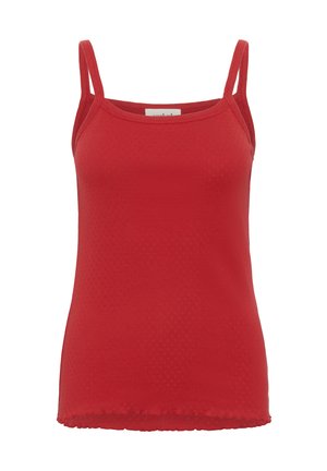 Red, sleeveless tank top with thin straps. Made of lightweight material featuring a textured pattern, and a scalloped hem at the bottom.