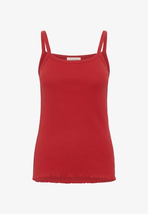 Röd, ärmlös linne med tunna band. Tillverkad av lätt material med ett texturerat mönster och en scalloped nederkant.