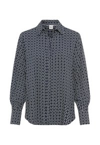 Navy blauwe blouse met knopen, voorzien van een wit geometrisch patroon, kraag en lange pofmouwen. Gemaakt van lichte stof met een ontspannen pasvorm.