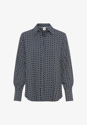 Marineblaue Knopfhacial-Shirt mit weißem geometrischem Muster, Kragen und langen Puffärmeln. Hergestellt aus leichtem Stoff mit lockerer Passform.