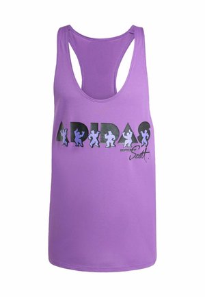 Top viola con design a racerback. Presenta un logo grafico "ADIDAS" in nero e azzurro chiaro con figure stilizzate e "JEREMY SCOTT."