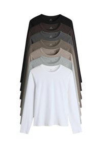 Langärmlige T-Shirts in gestapelter Anordnung, mit verschiedenen Farben: Schwarz, Dunkelbraun, Beige, Grau, Hellgrau und Weiß. Weicher Stoff und Rundhalsdesign.