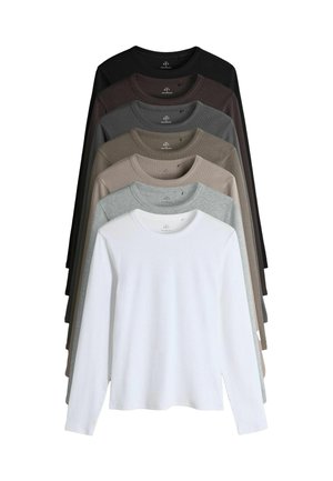 Langärmlige T-Shirts in gestapelter Anordnung, mit verschiedenen Farben: Schwarz, Dunkelbraun, Beige, Grau, Hellgrau und Weiß. Weicher Stoff und Rundhalsdesign.