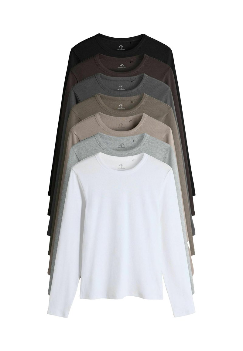 Langärmlige T-Shirts in gestapelter Anordnung, mit verschiedenen Farben: Schwarz, Dunkelbraun, Beige, Grau, Hellgrau und Weiß. Weicher Stoff und Rundhalsdesign.