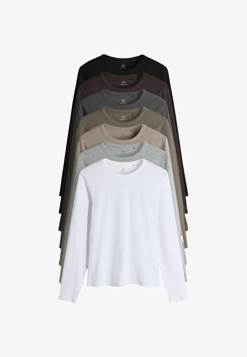 Ilgapirštės marškinėliai, sudėti vienas ant kito, įvairių spalvų: juoda, tamsiai ruda, smėlinė, pilka, šviesiai pilka ir balta. Minkšta medžiaga ir apvalios iškirptės dizainas.