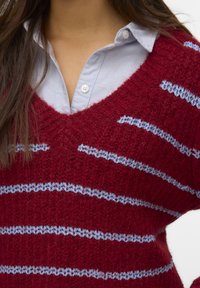 Person, der einen rot gestrickten Pullover mit blauen horizontalen Streifen über einem hellblauen Hemd trägt, was auf geschichtete Kleidung hinweist.