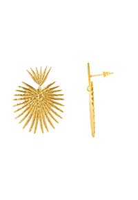 Pendientes de oro con un diseño de explosión solar, con elementos puntiagudos que irradian hacia afuera. Los acentos texturizados realzan el efecto tridimensional.