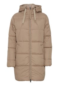 Beige padded jacket with a hood, featuring vertical stitching, a front zipper, textured fabric, and drawstring accents.