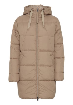 Beige vadderad jacka med huva, med vertikal sömnad, frontdragkedja, texturerat tyg och snördetaljer.