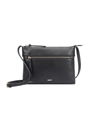 Sac bandoulière en cuir noir avec sangle ajustable, poche zippée horizontale à l'avant et petit logo métallique.