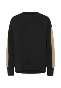 Black sweatshirt with long sleeves featuring beige fabric accents. Round neckline, relaxed fit, and ribbed cuffs. Soft texture.