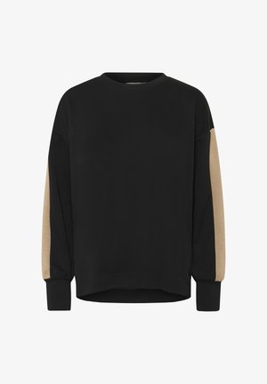 Schwarzes Sweatshirt mit langen Ärmeln und beigen Stoffakzenten. Rundhalsausschnitt, lockere Passform und gerippte Bündchen. Weiche Textur.