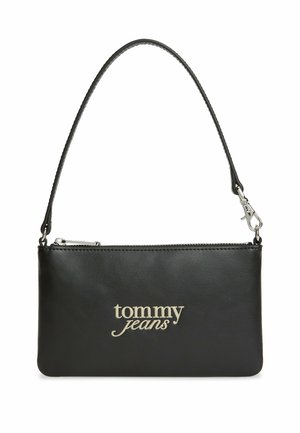 Sort rektangulær læderhåndtaske med sølv lynlås og aftagelig skulderrem, med sølv "tommy jeans" logo foran midt på.