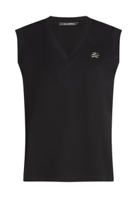 Mustaga õlatu top, millel on V-kujuline kaelus, valmistatud siledast kangast, mille vasakul küljel on väike kuldne logo aktsent.