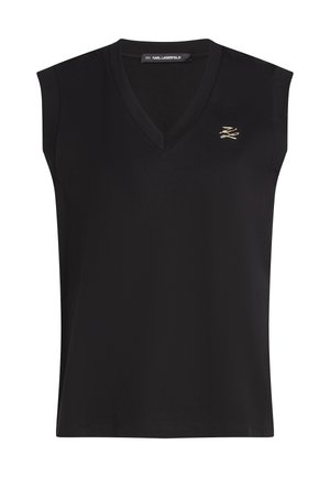 Juodas be rankovių viršus su V formos iškirpte, pagamintas iš lygaus audinio, su mažu auksiniu logotipo akcentu kairėje pusėje.