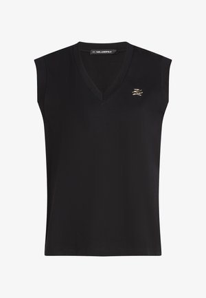 Top negru fără mâneci, cu un decolteu în formă de V, confecționat dintr-un material fin, având un mic accent de logo aurie pe partea stângă.