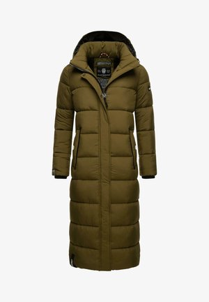 Lang, olivengrøn polstret frakke med hætte, sort foring, frontlynlås, sidelommer, ribbede manchetter og horisontal quiltet design.