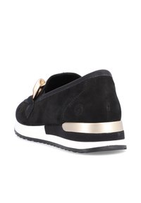 Schwarzer Wildleder-Slipper mit schlankem Design, goldenen Hardware-Elementen, dicker weißer Zwischensohle und strukturiertem schwarzen Gummi-Außensohle.