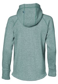 Ljusgrön hoodie i mjukt tyg, med en känguruficka, ribbade ärmslut och en flerväggig huva med sömdekorationer.